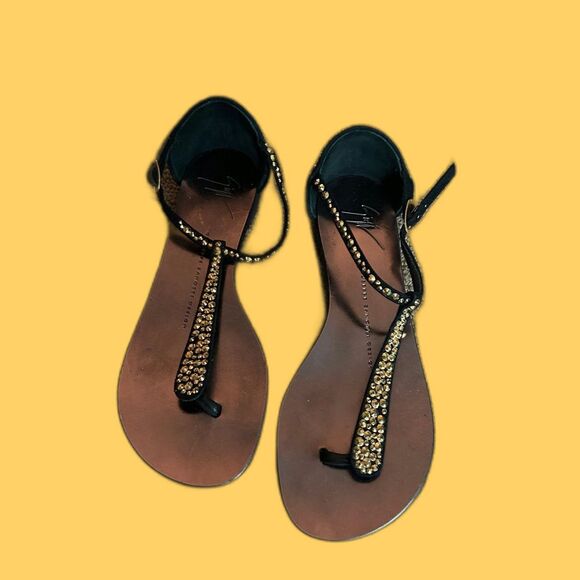 Giuseppe Zanotti Black Leather Sandals with Gold Crystal Embellishments Size 37 - Picture 1 of 6